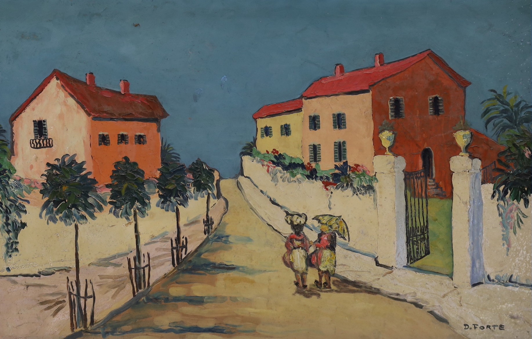 D. Forte, oil on board, Jamaican street scene, signed, 58 x 89cm